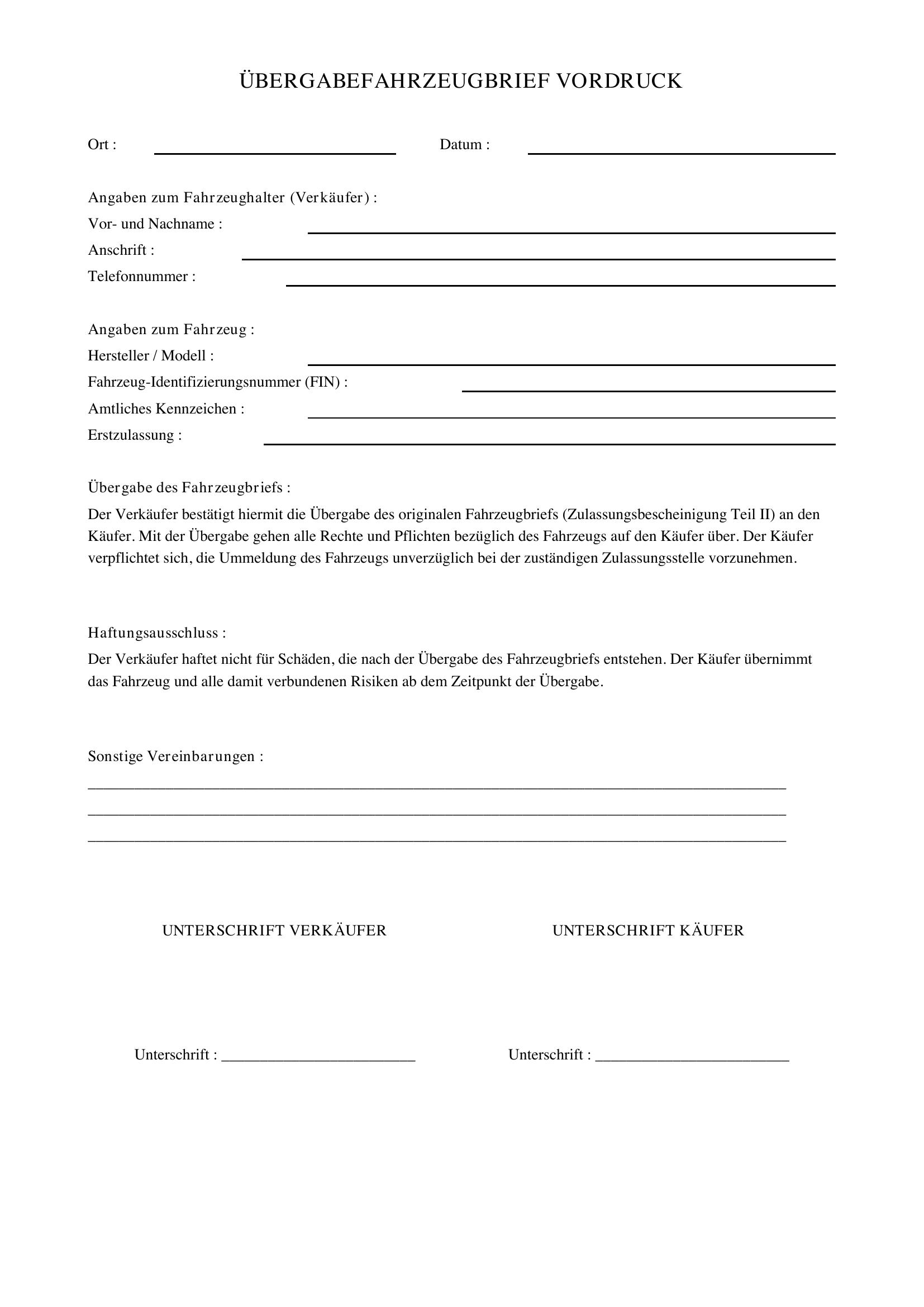 Übergabe Fahrzeugbrief Vordruck