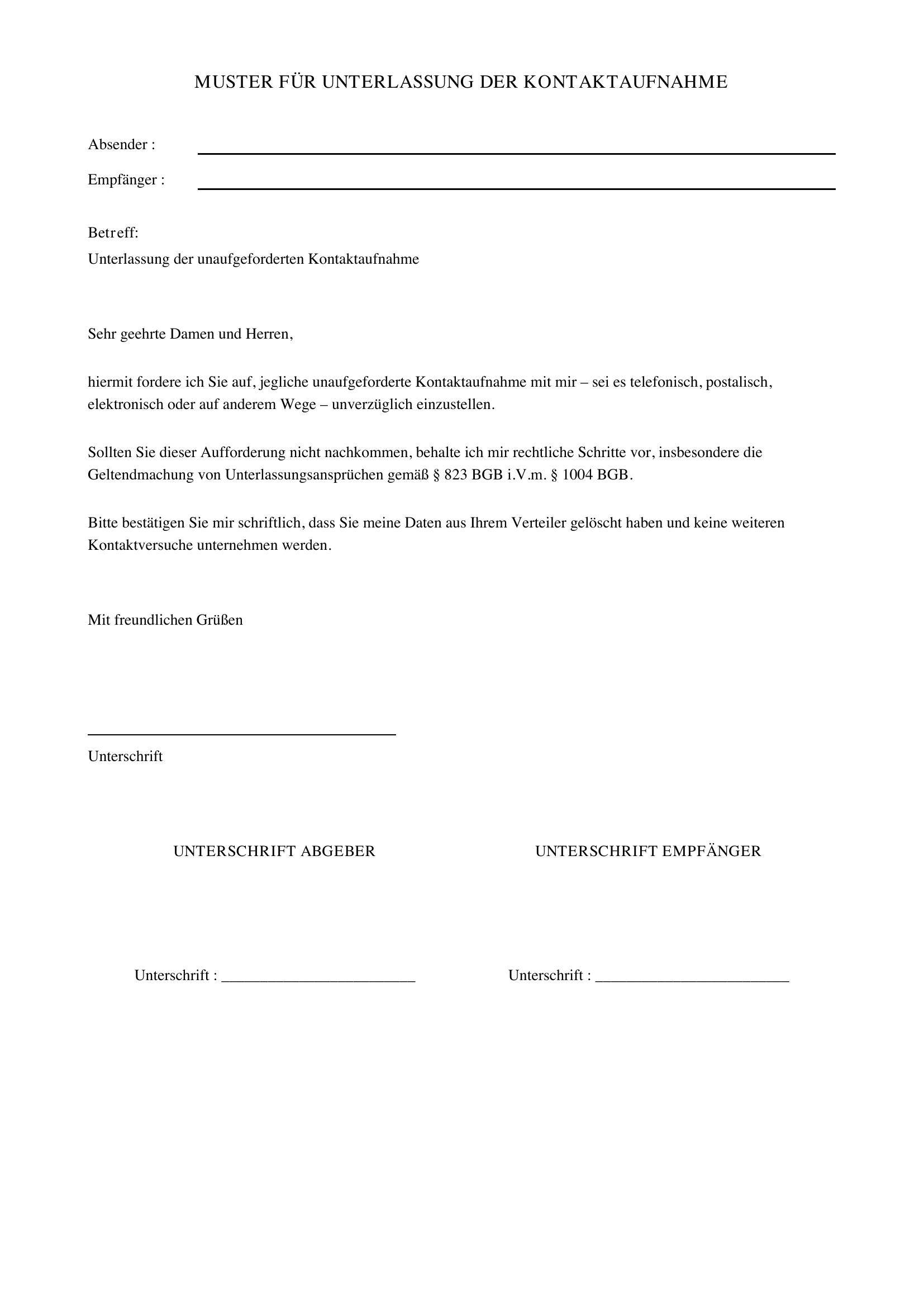 Unterlassung Kontaktaufnahme Muster