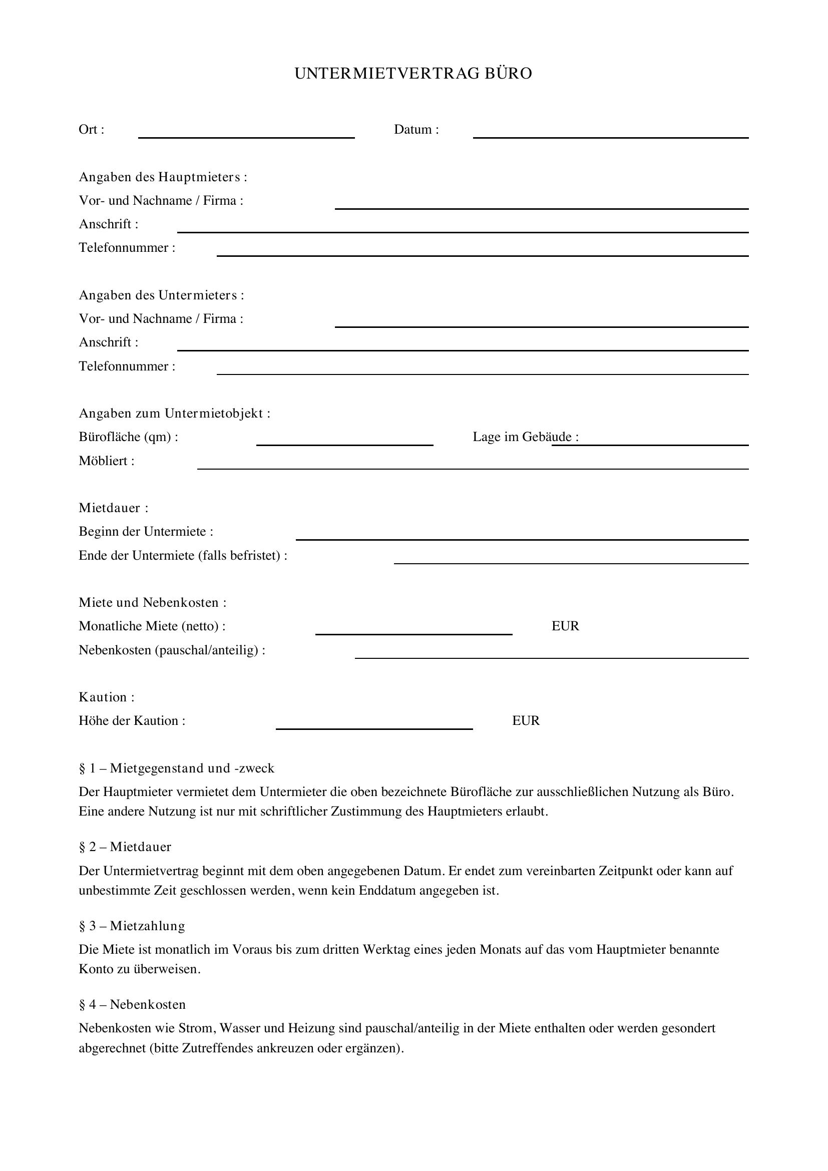 Untermietvertrag Büro Vorlage