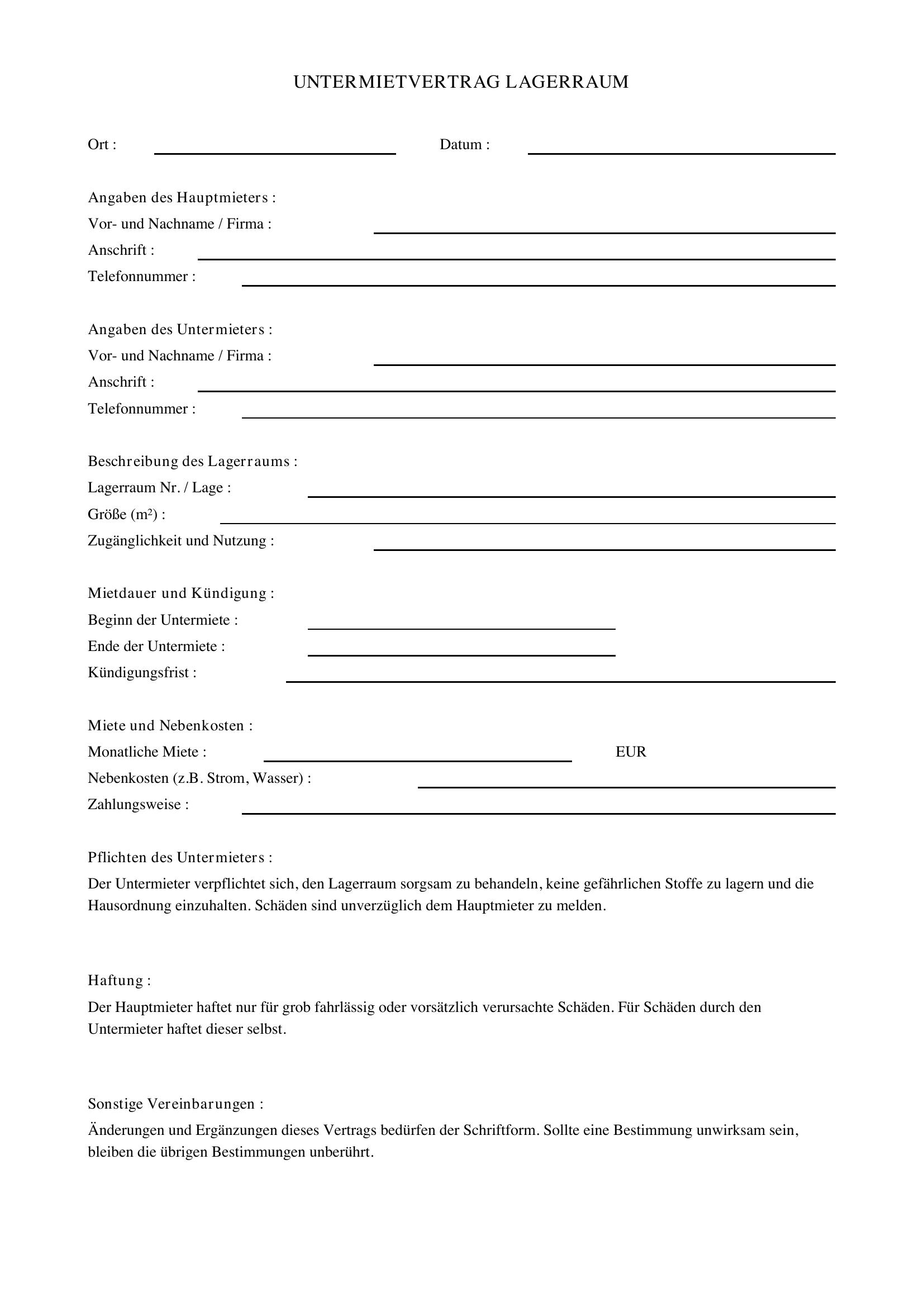 Untermietvertrag Lagerraum Vorlage