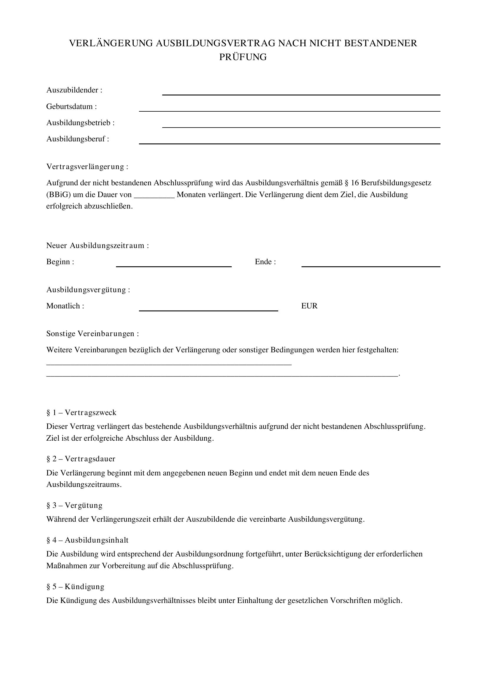 Verlängerung Ausbildungsvertrag Nach Nicht Bestandener Prüfung Muster