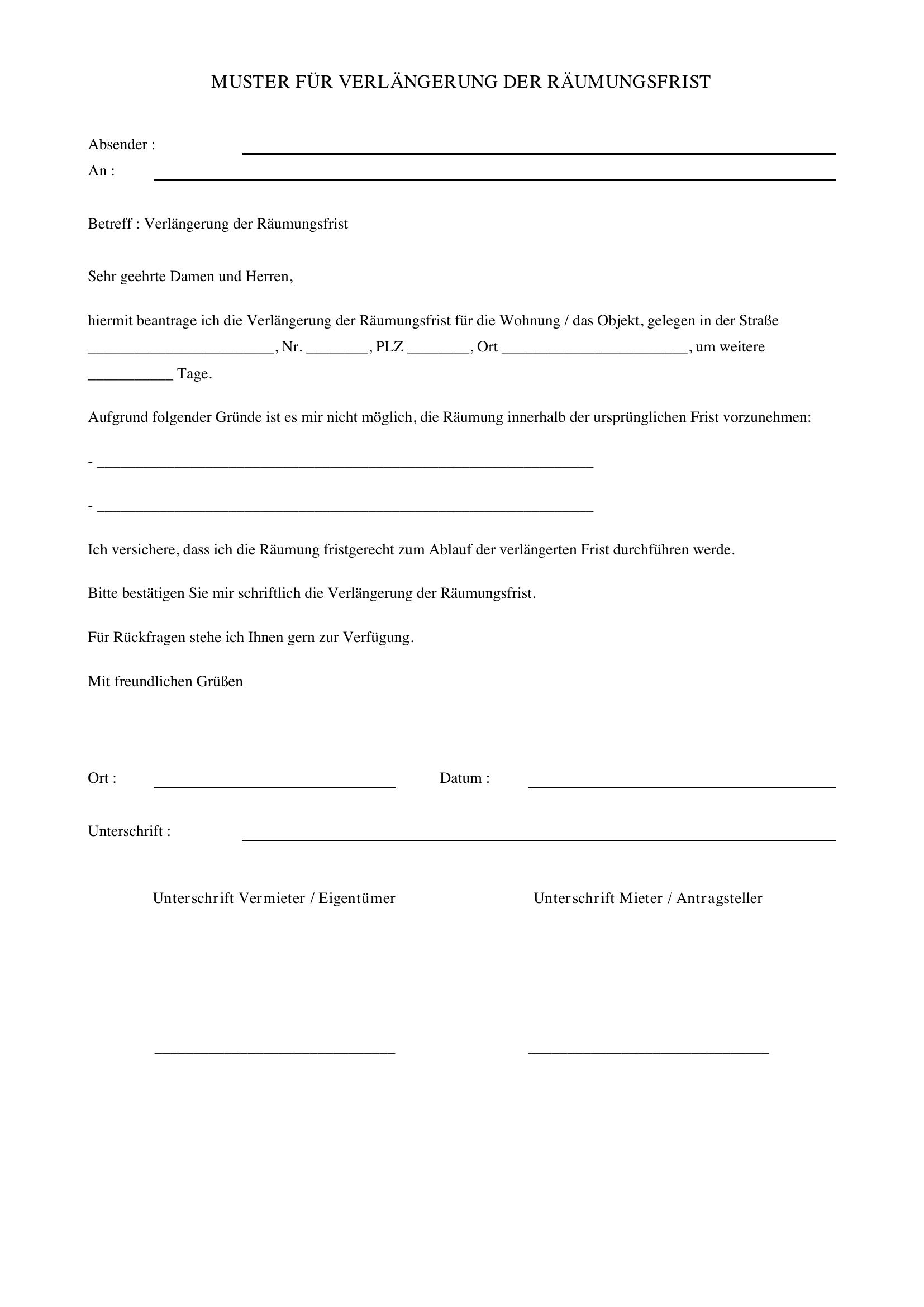 Verlängerung Räumungsfrist Muster