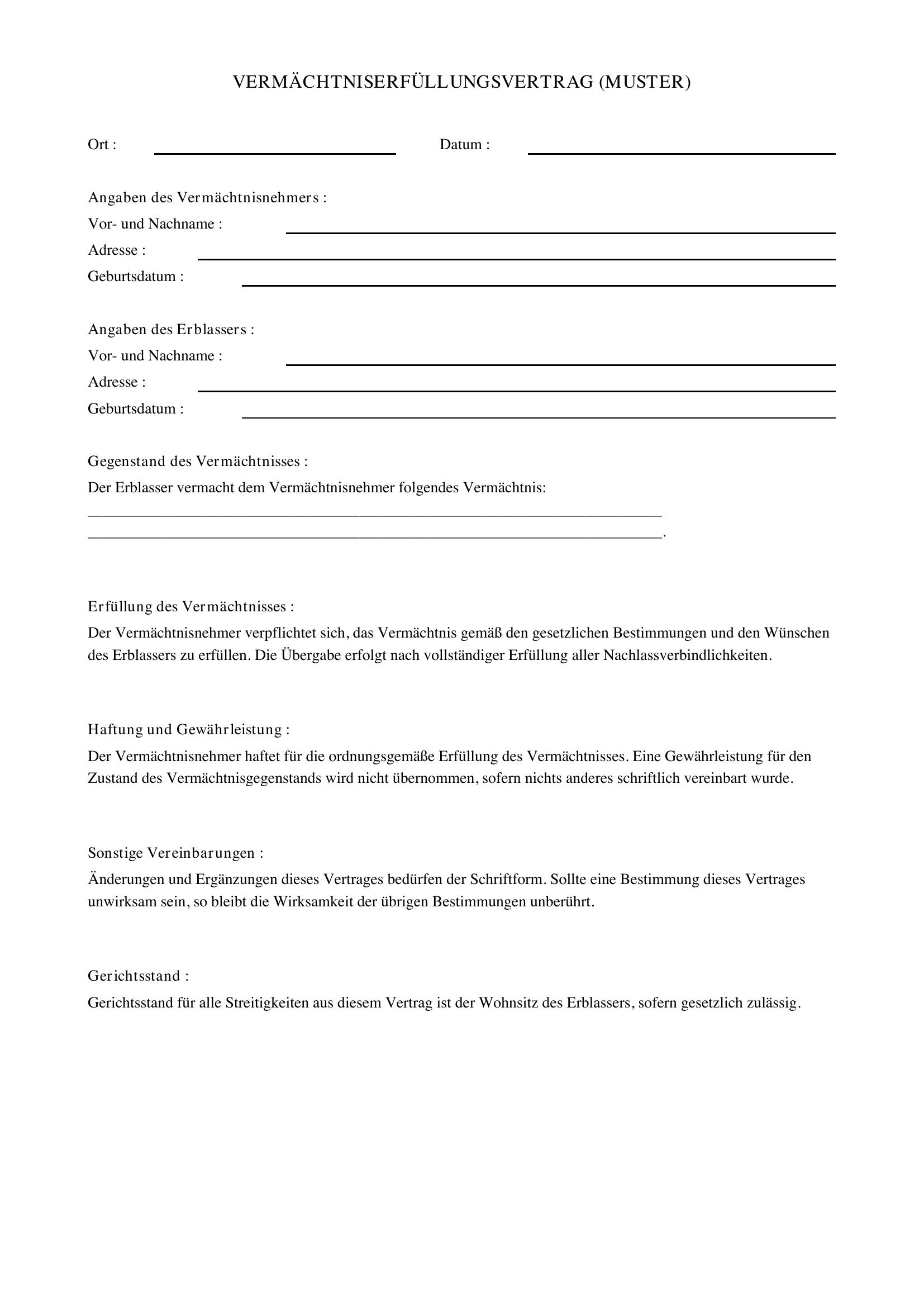 Vermächtniserfüllungsvertrag Muster