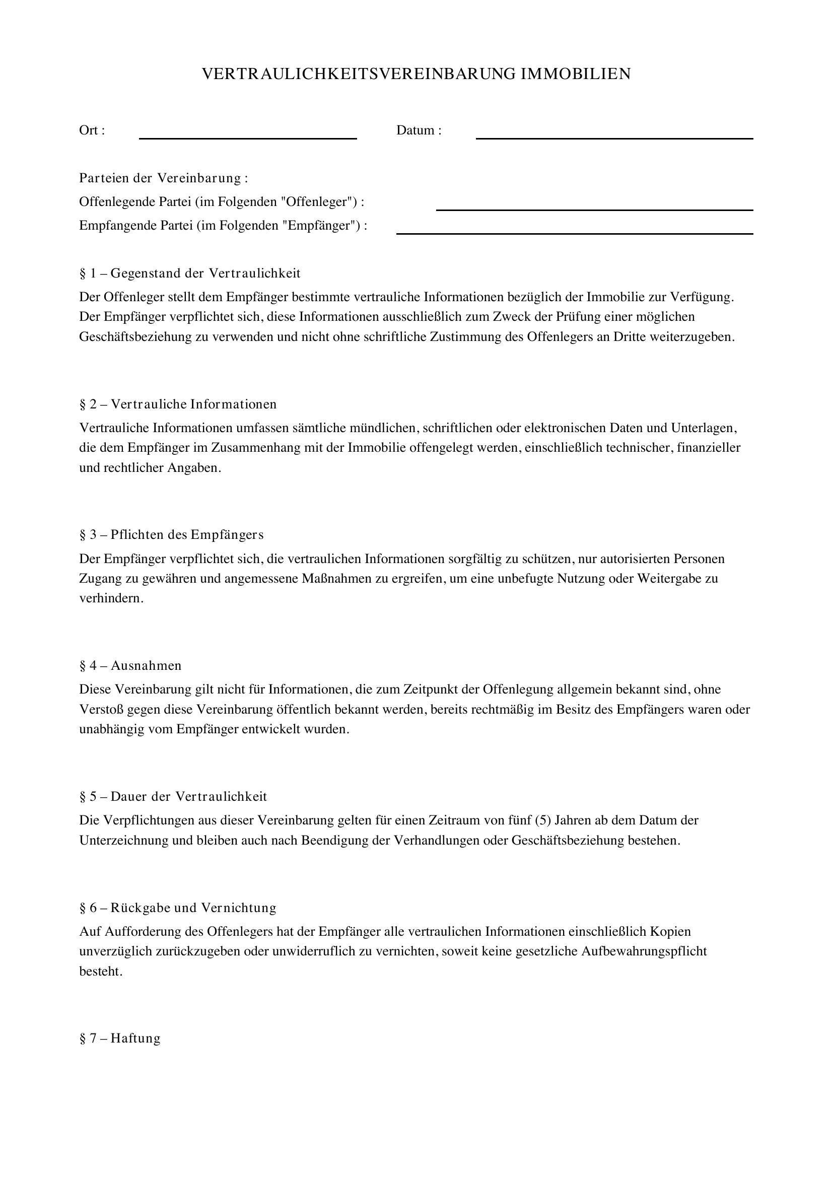 Vertraulichkeitsvereinbarung Immobilien Muster