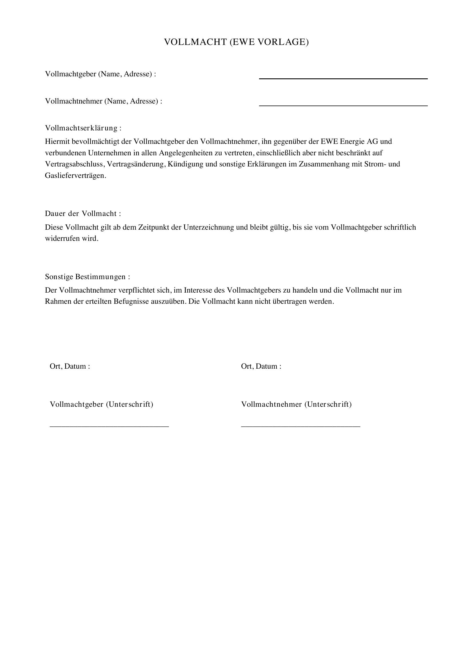 Vollmacht Ewe Vorlage