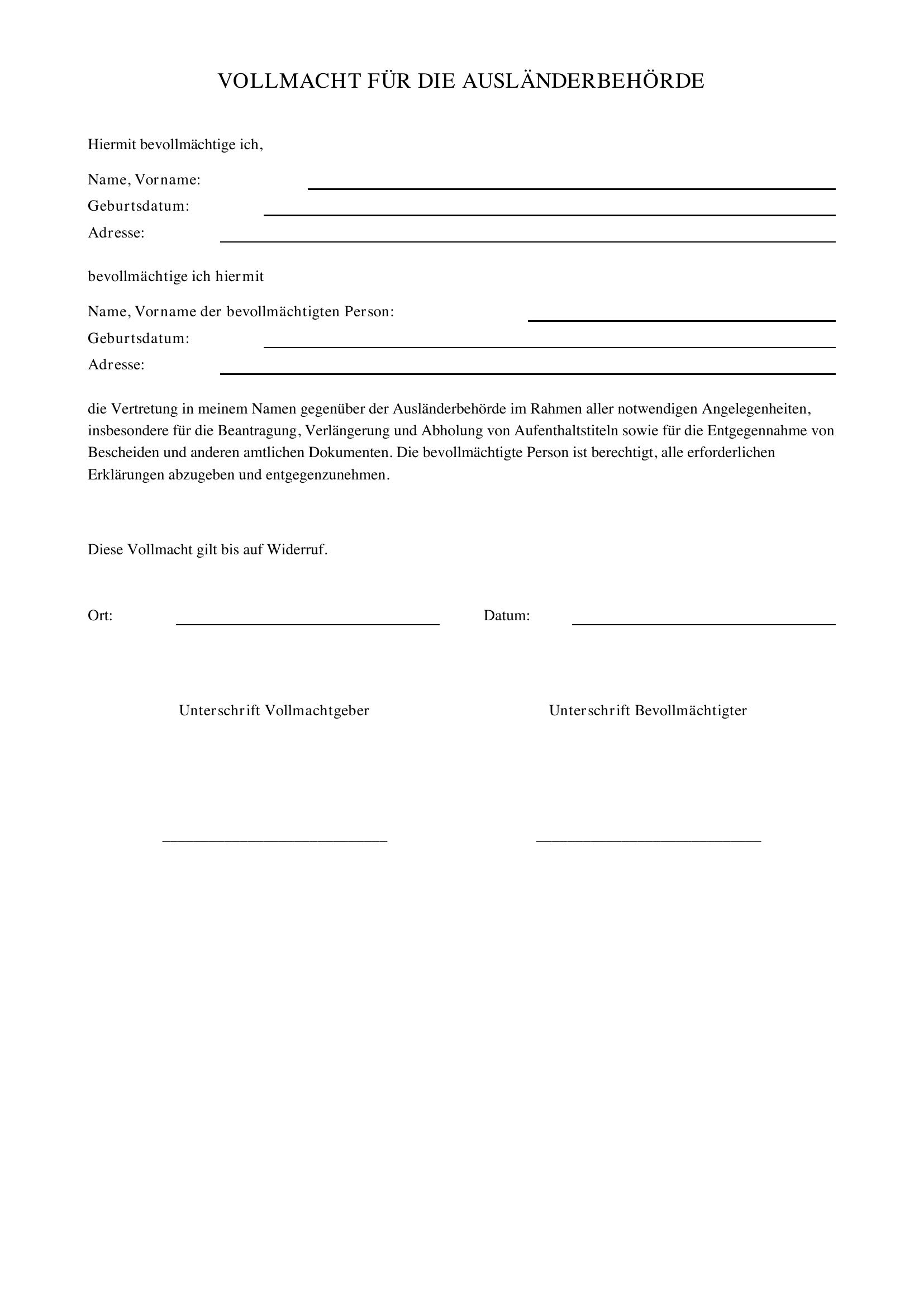 Vollmacht Für Ausländerbehörde Muster