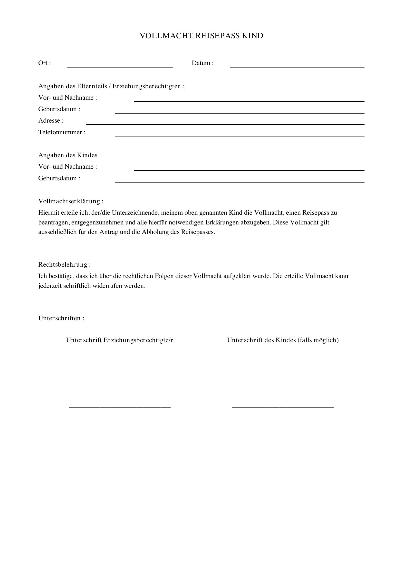 Vollmacht Reisepass Kind Vorlage