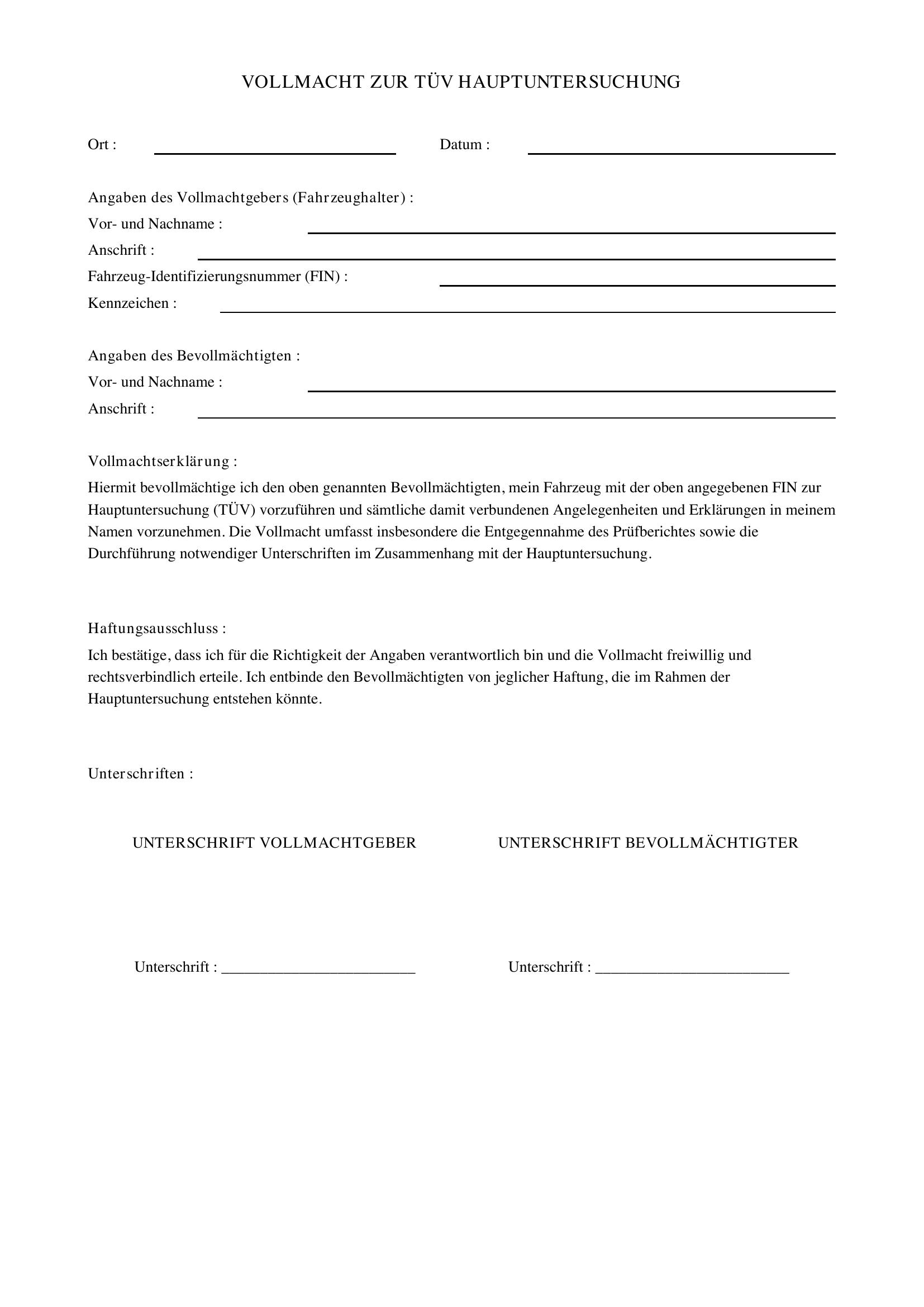 Vollmacht Tüv Hauptuntersuchung