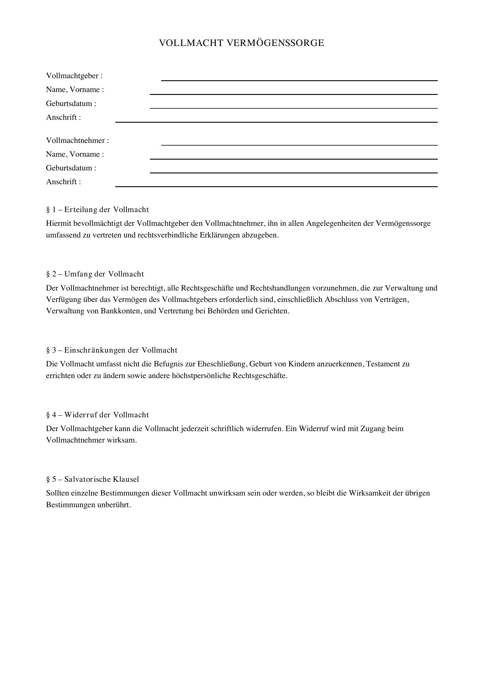 Vollmacht Vermögenssorge Muster
