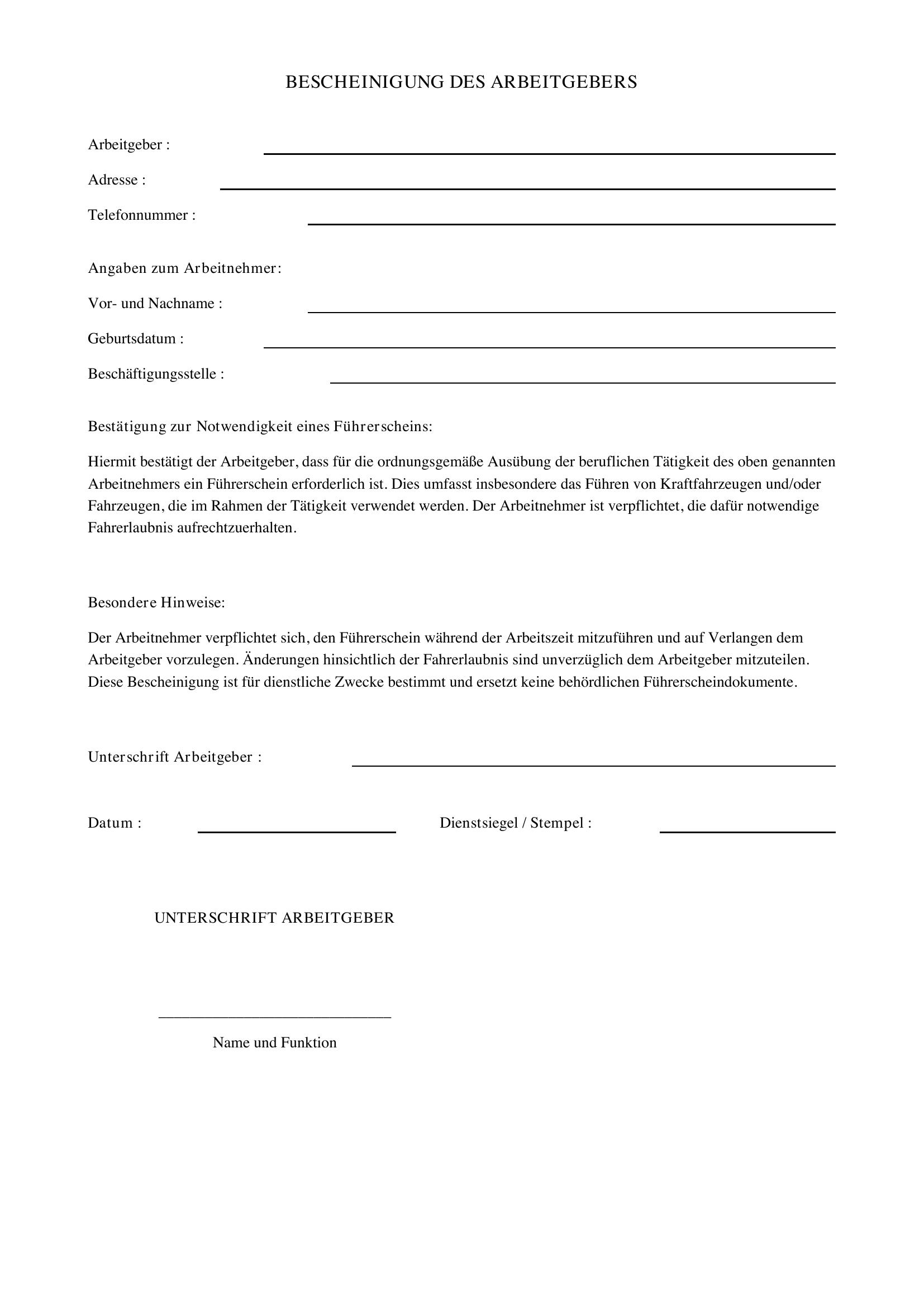 Vorlage Bescheinigung Arbeitgeber Führerschein Notwendig Muster