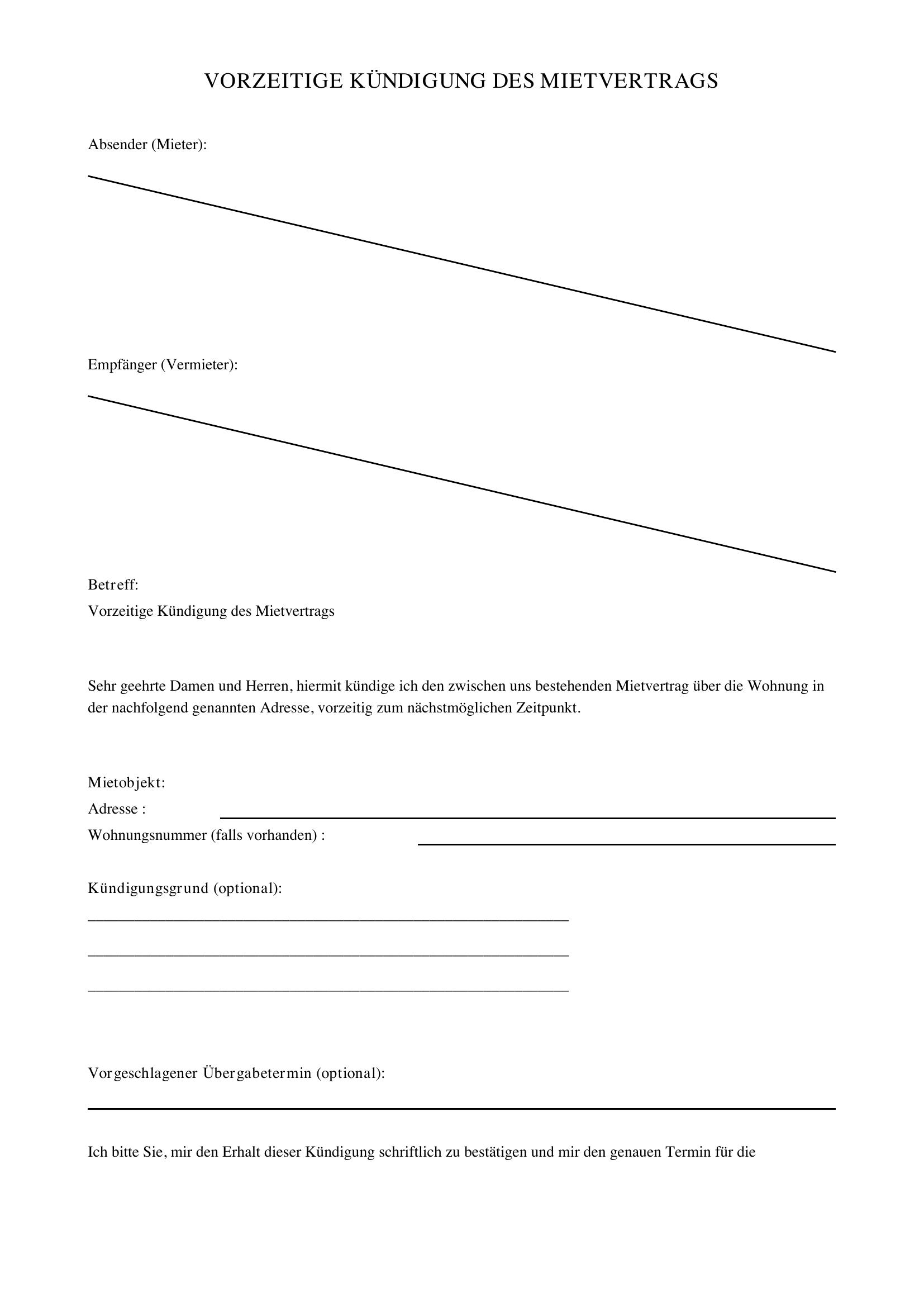 Vorzeitige Kündigung Mietvertrag Vorlage