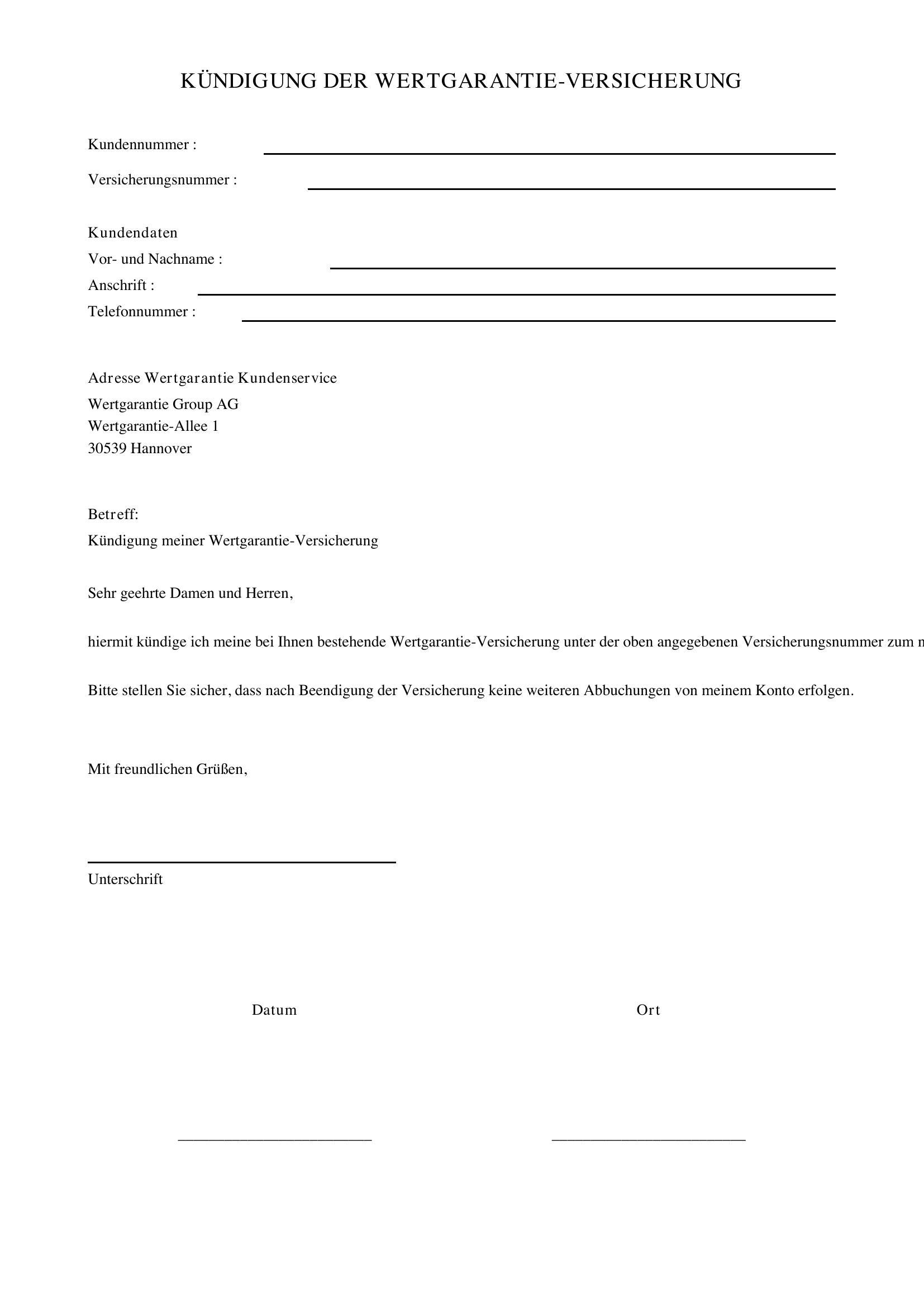 Wertgarantie Kündigen Vorlage