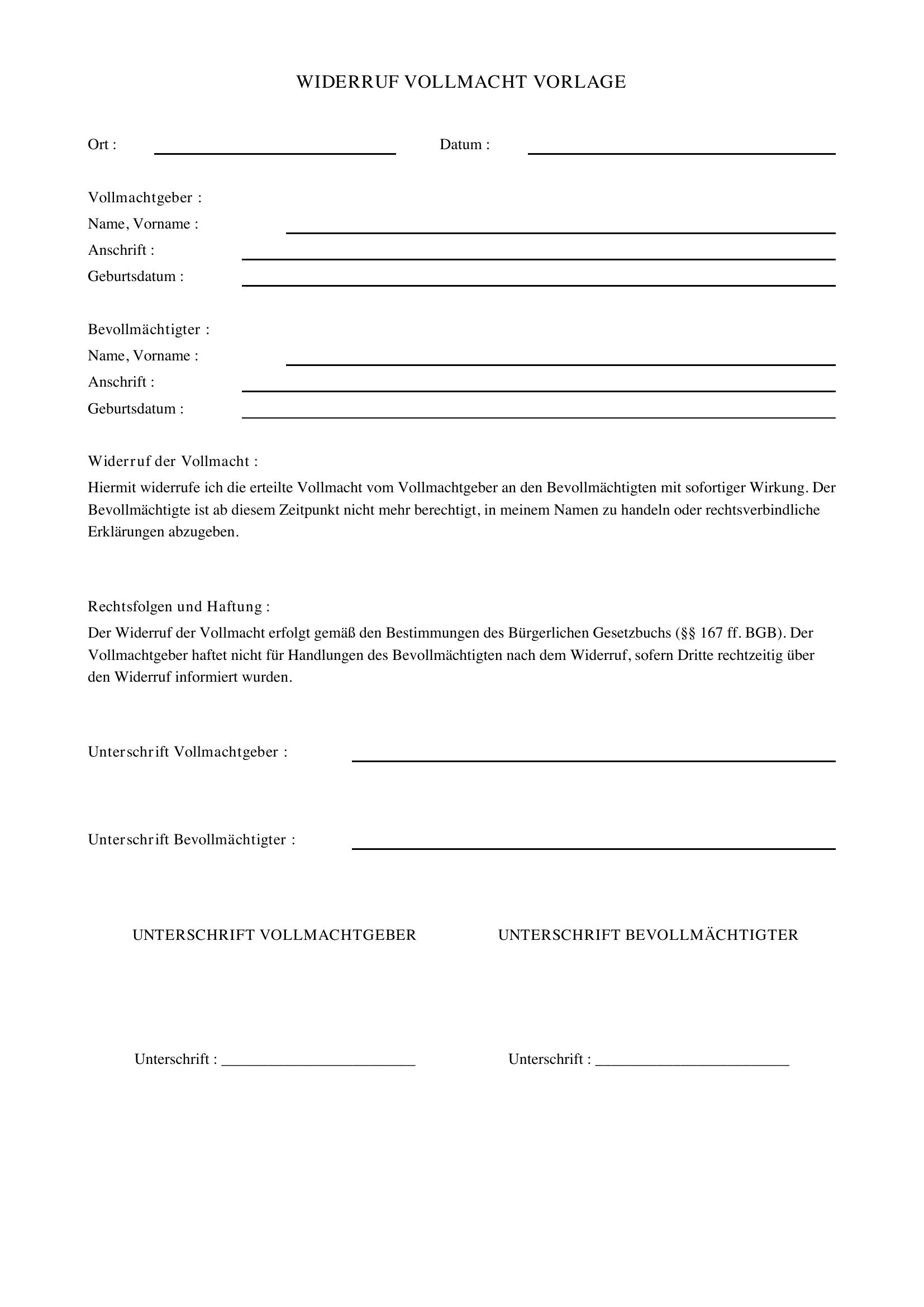 Widerruf Vollmacht Vorlage
