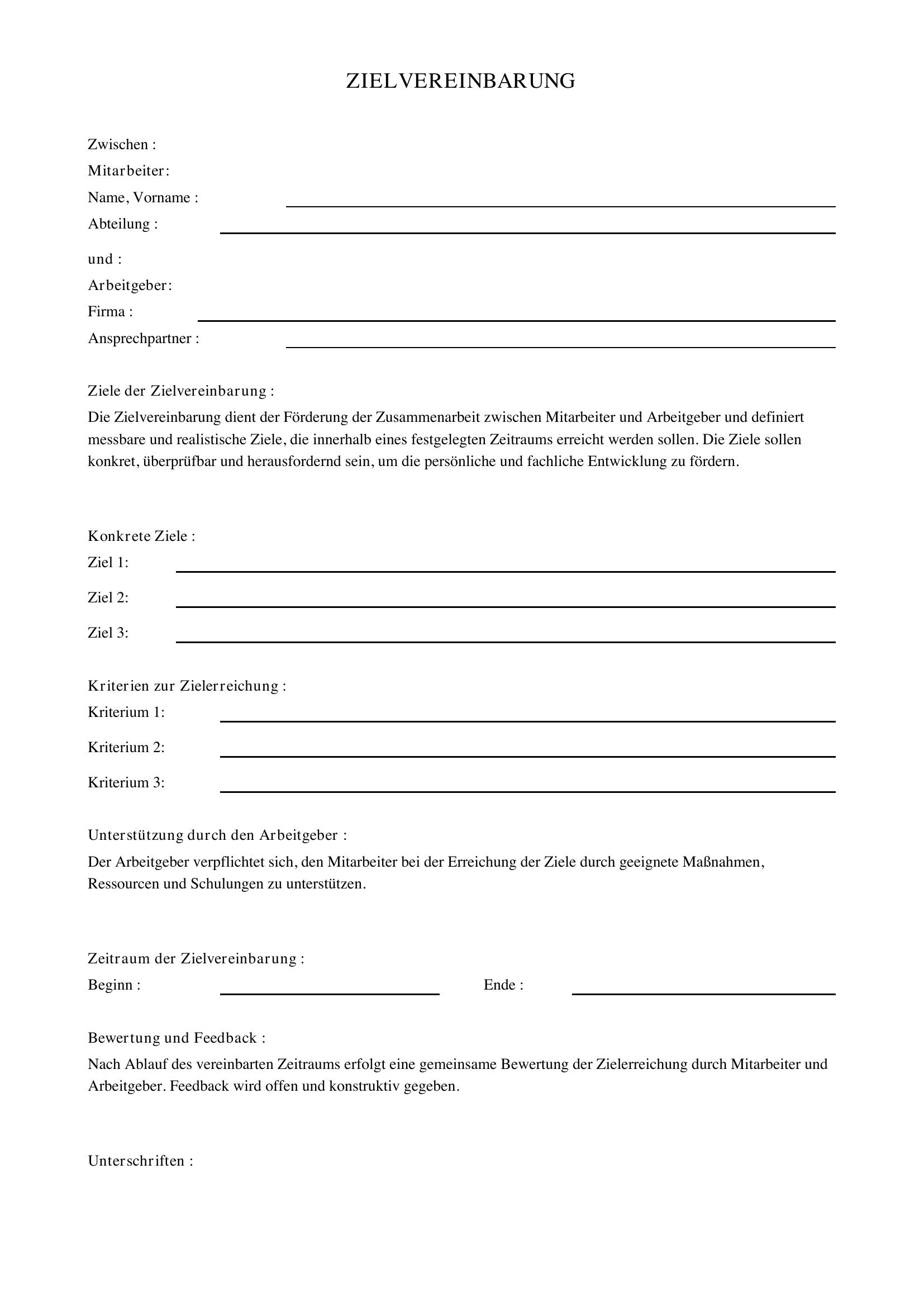 Zielvereinbarung Vorlage