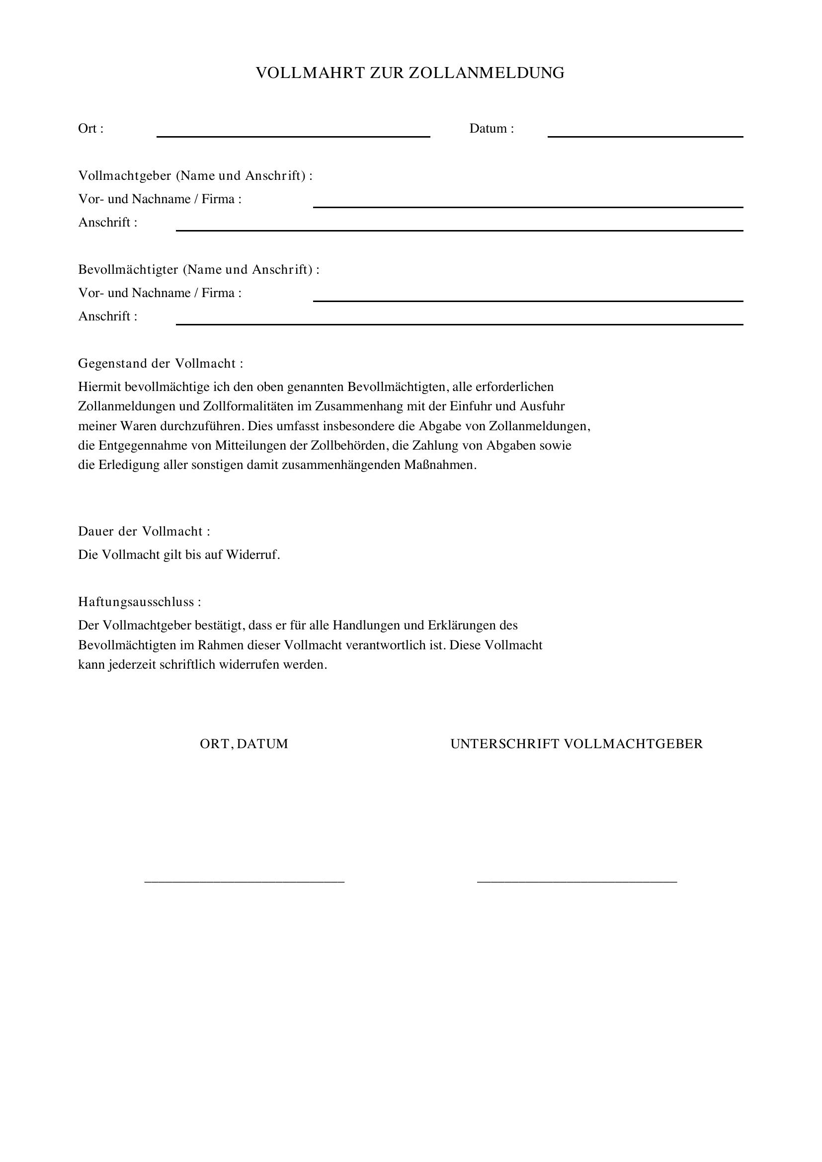 Zoll Vollmacht Muster